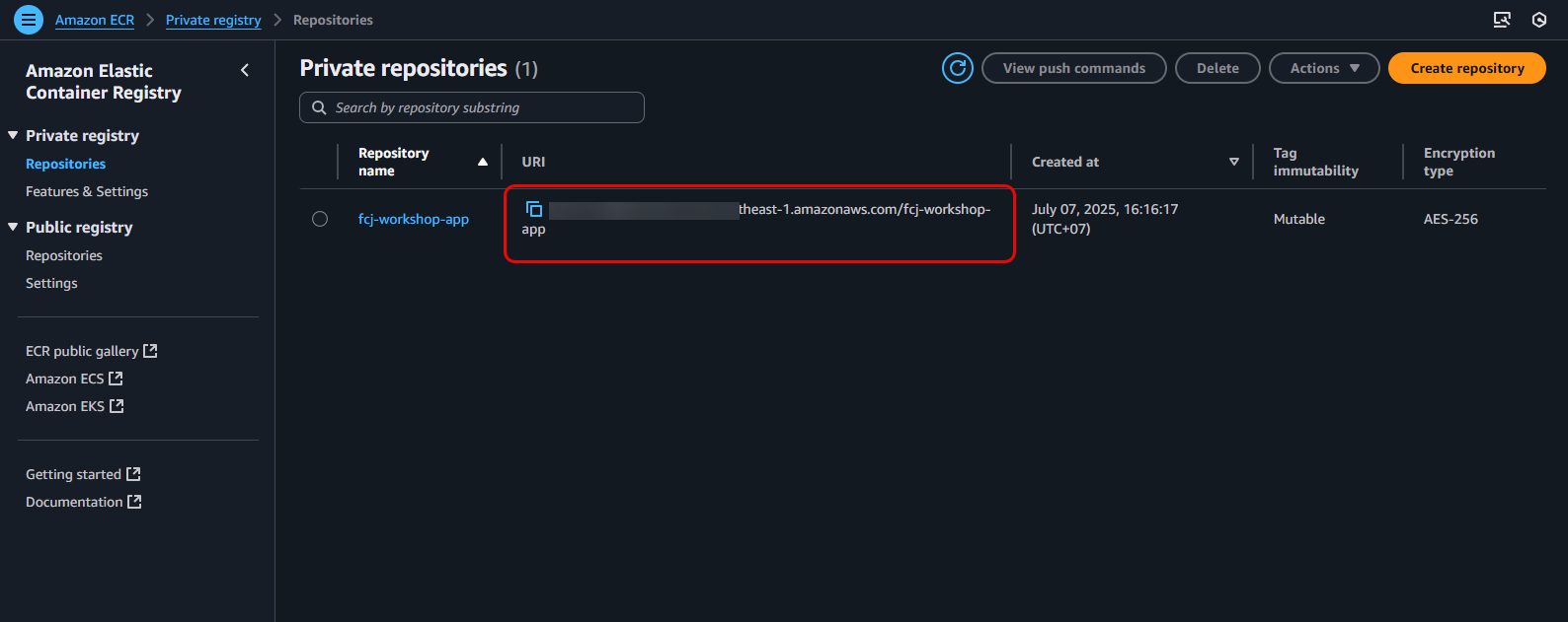 Select fcj-workshop-app repository and copy URI