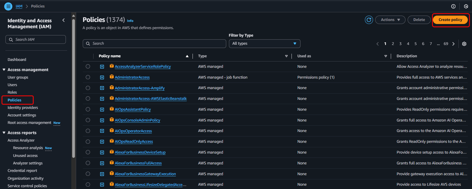 IAM dashboard and Create policy button