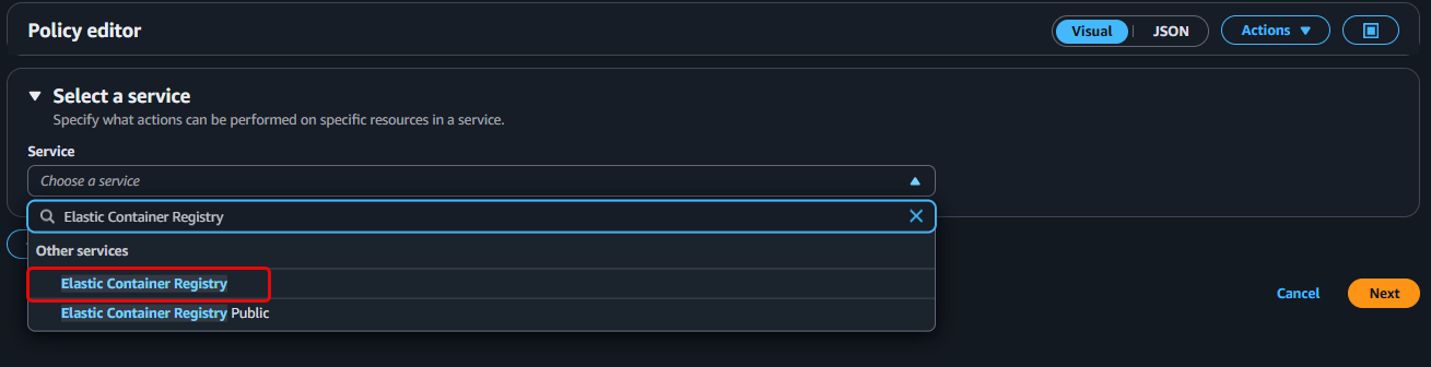 Select ECR service in Visual Editor