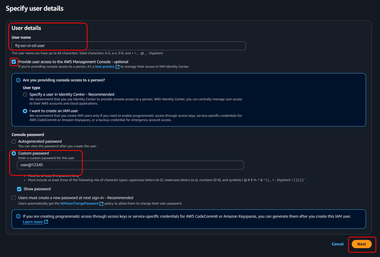 Set up user name and access options