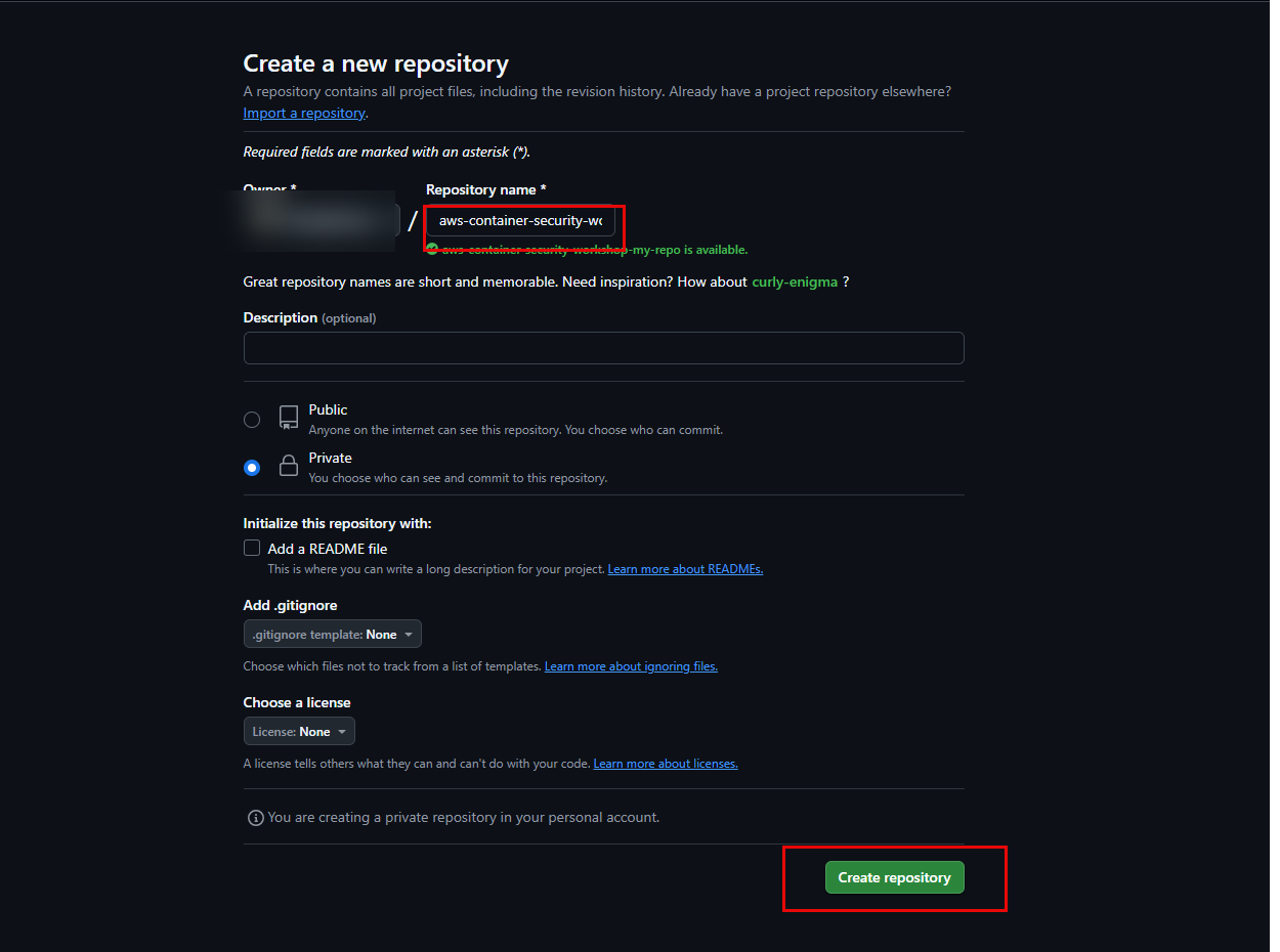 Fill in information and create new repository