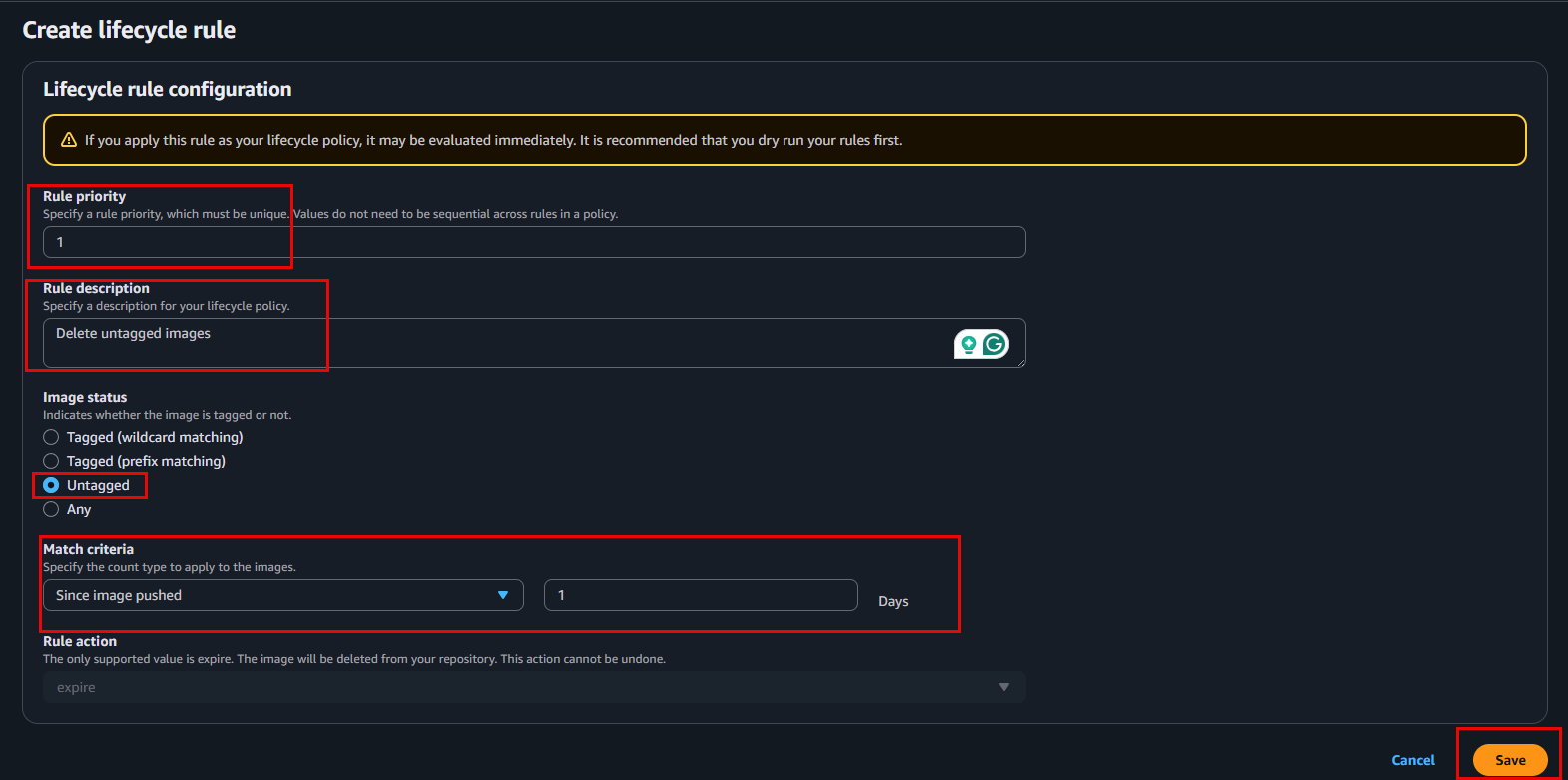 Configure rule to delete untagged images
