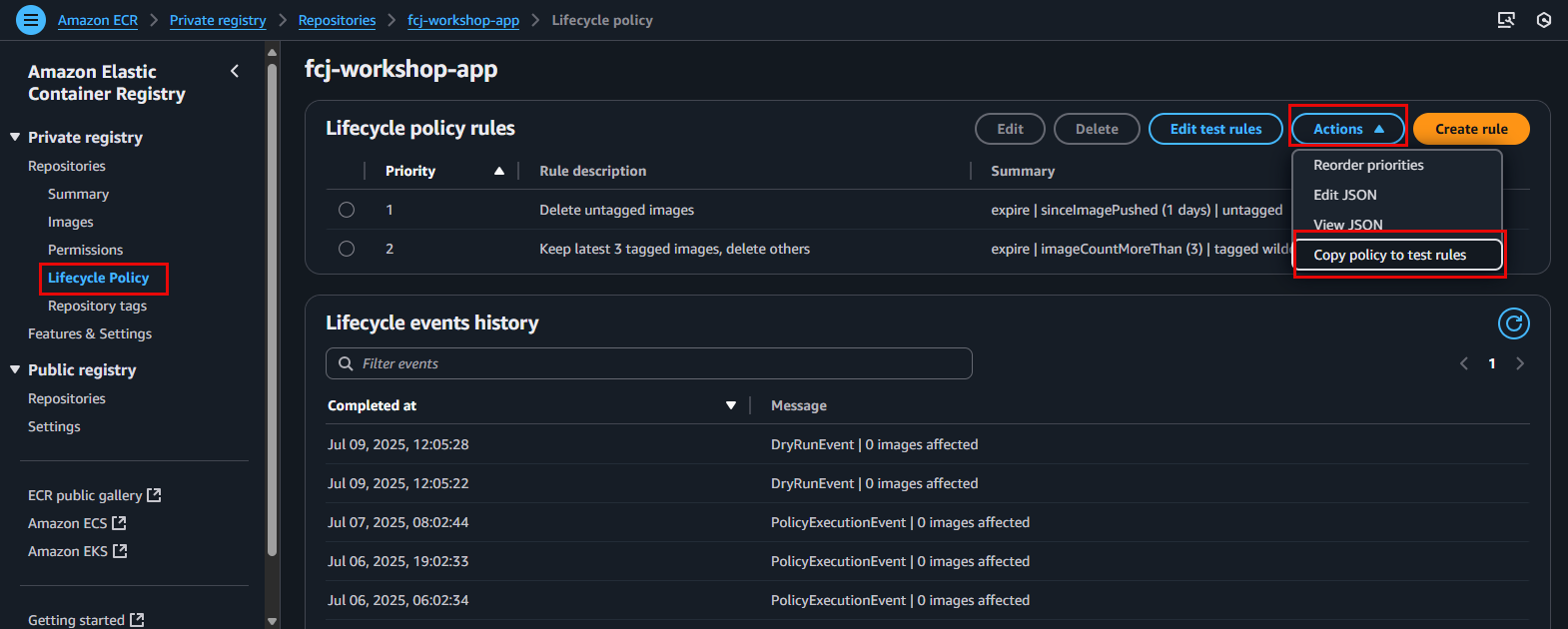 Simulate lifecycle policy to preview impact