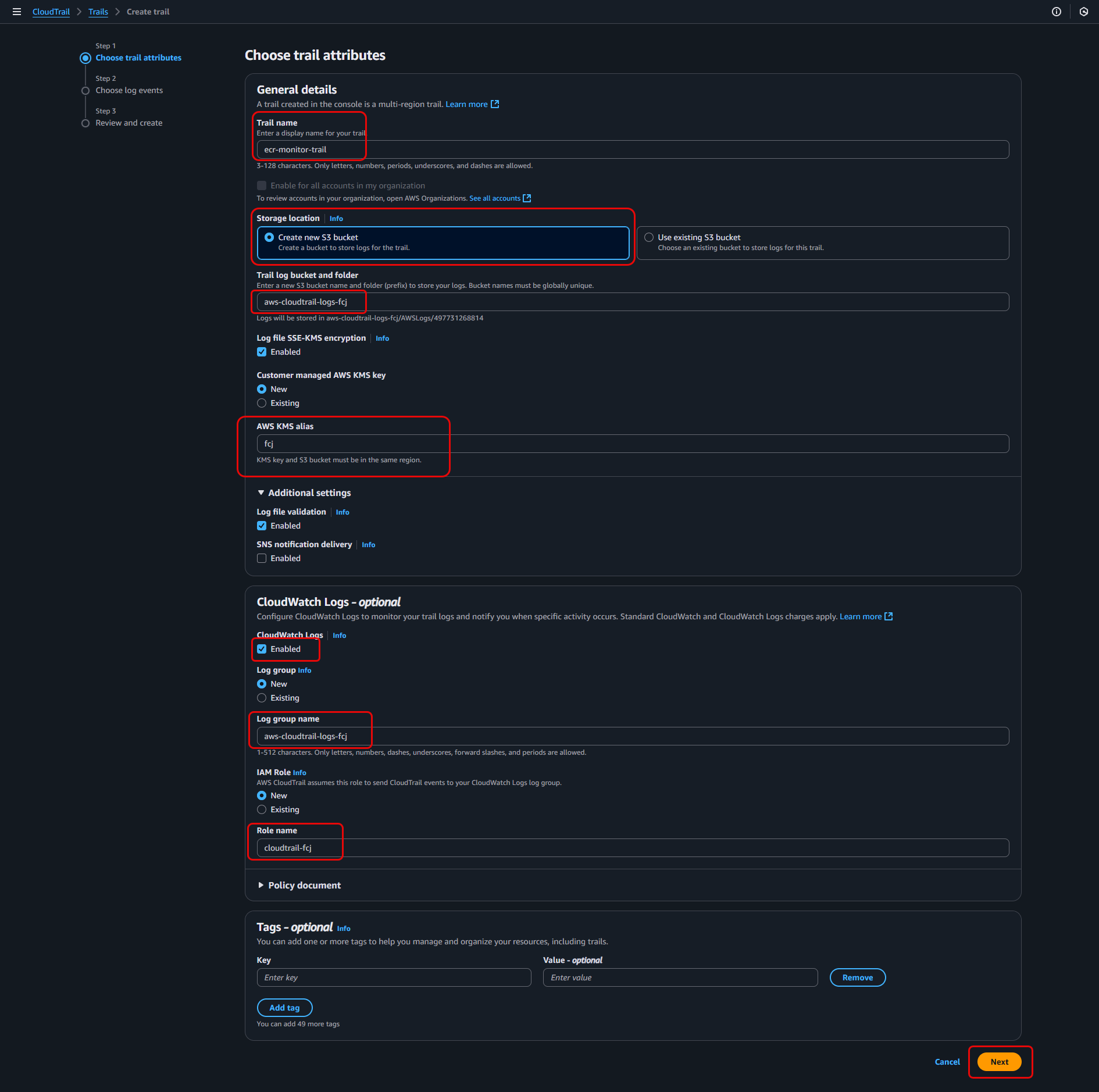 Configure Trail name, S3 bucket, and CloudWatch Logs