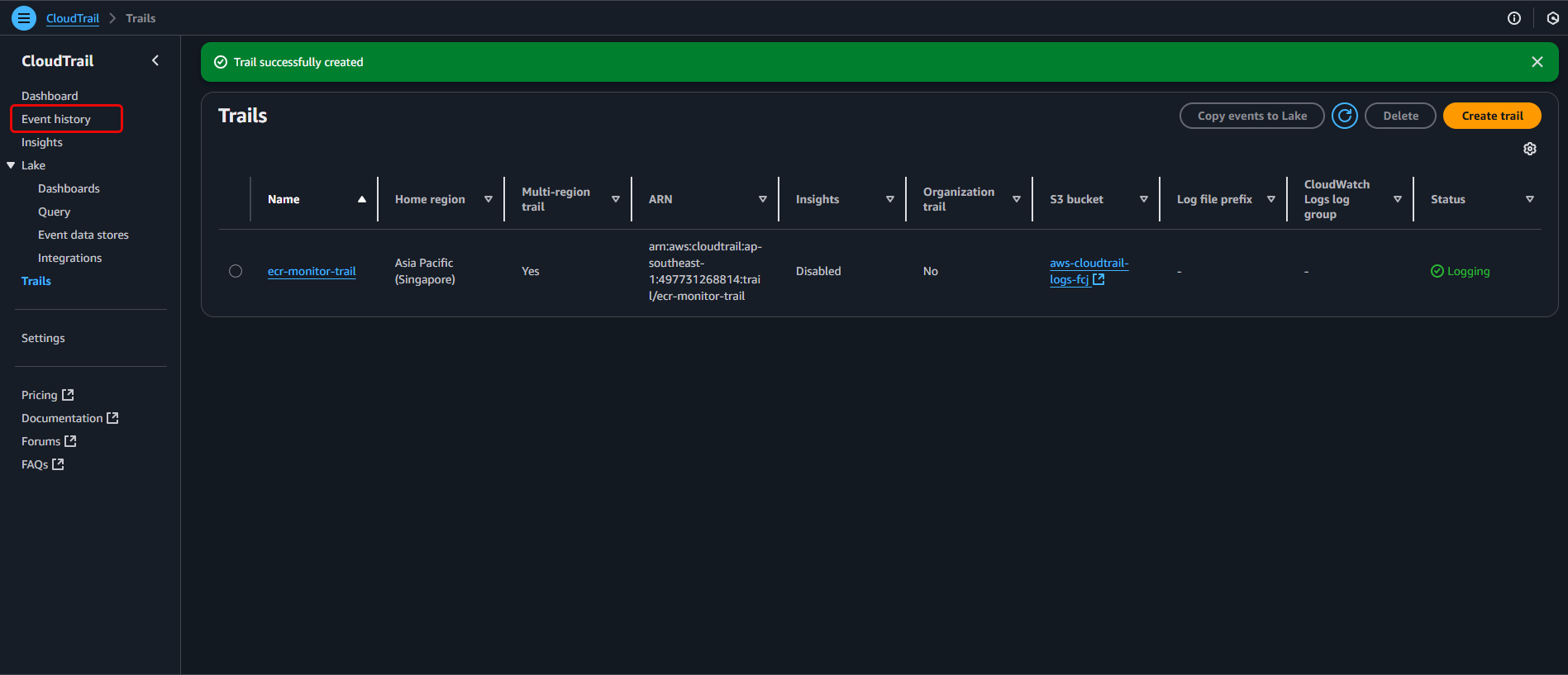 Select 'Event history' in CloudTrail
