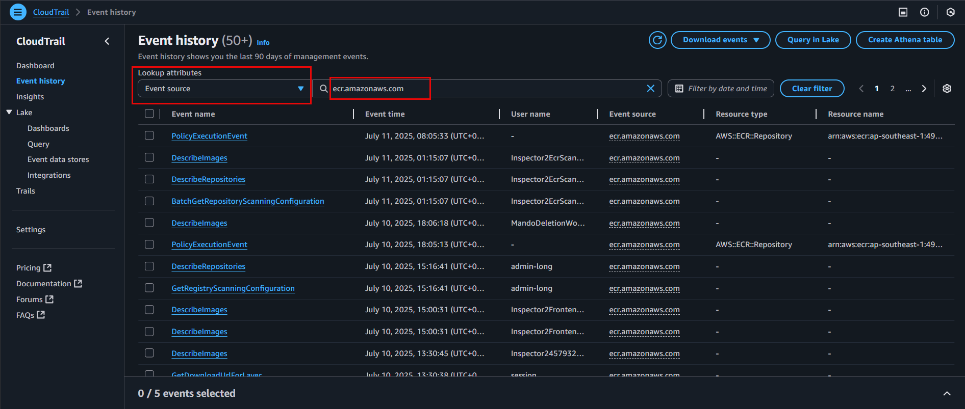 Filter CloudTrail event history by ECR