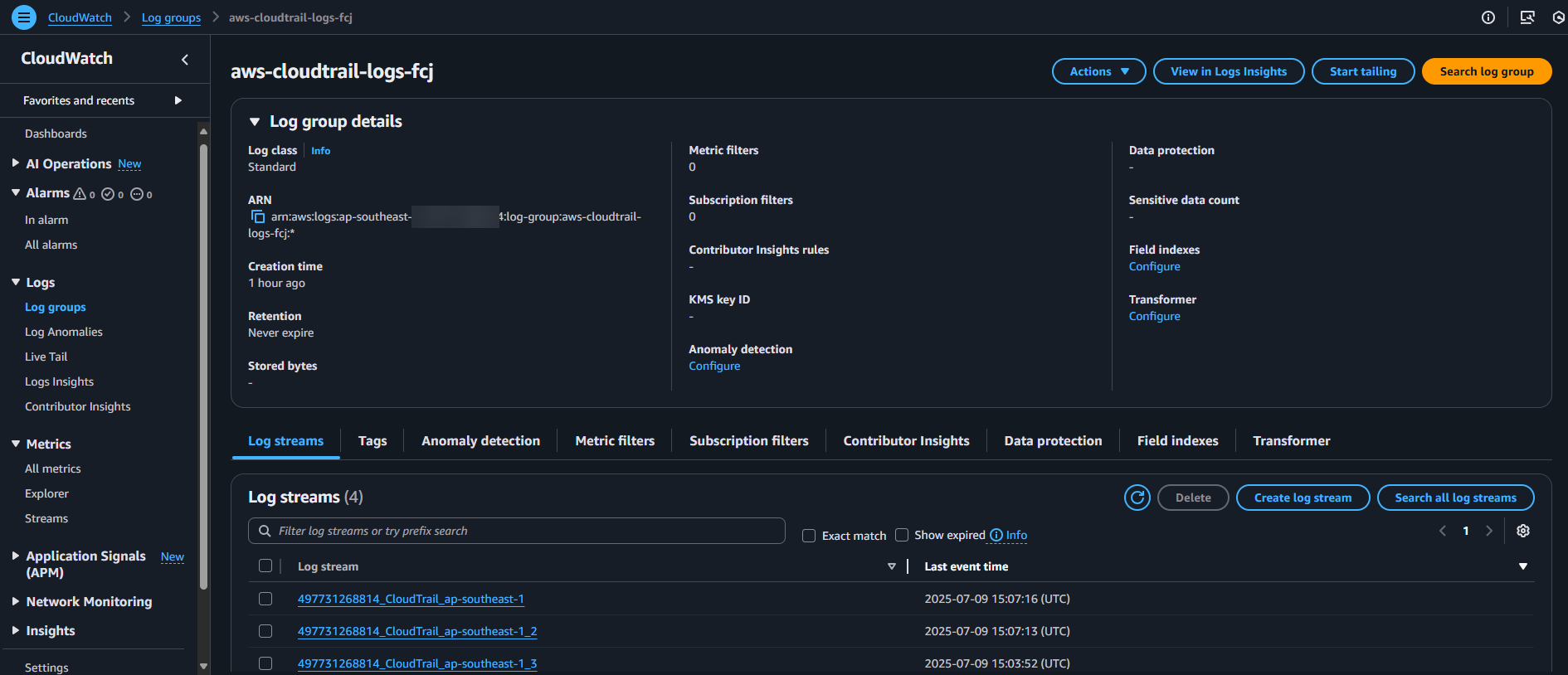 Select the CloudTrail Log group in CloudWatch Logs